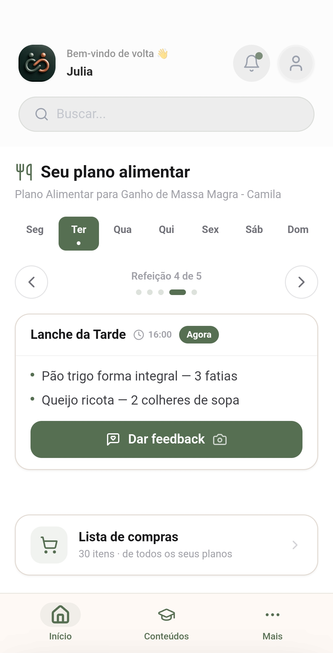 App do paciente — plano alimentar do dia